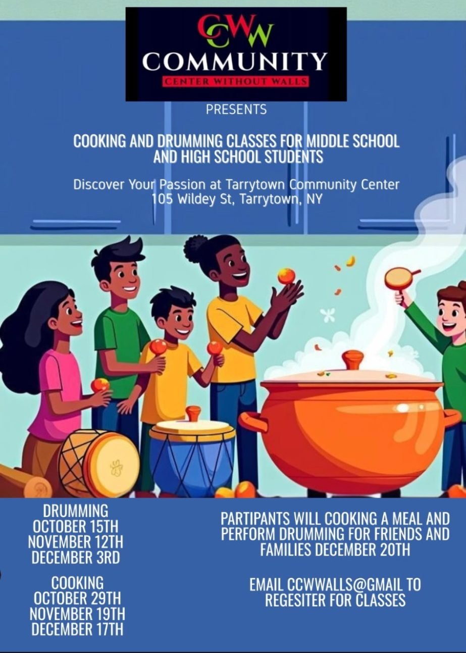 Flyer: Cooking and Drumming Classes for middle school and high school students at Tarrytown Community Center