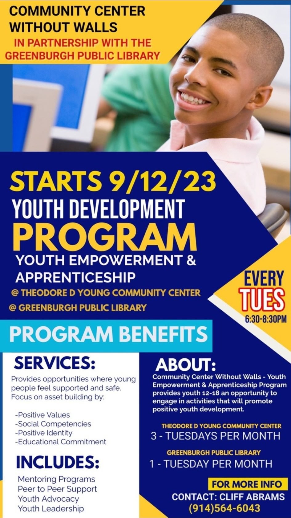 Flyer: Youth Development Program, Youth Empowerment and Apprenticeship, starting September 12, 2023, in partnership with the Greenburgh Public Library